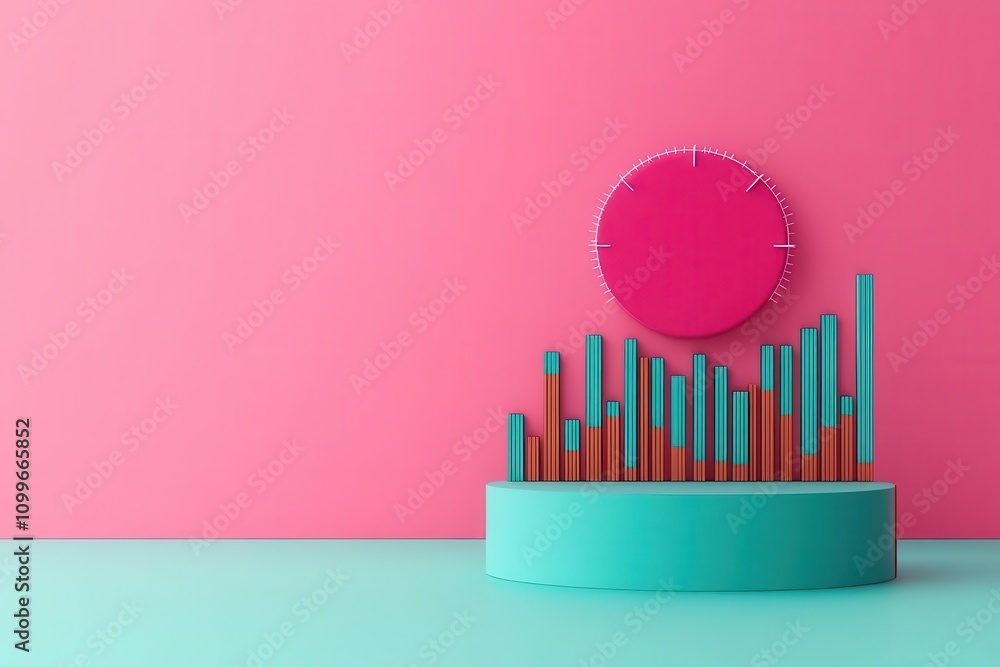 Poster a colorful abstract representation of a bar graph with a circular element against a vibrant pink bac