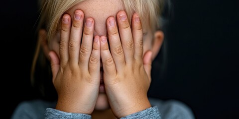 Fototapeta premium A blonde girl covers her eyes with her hands, suggesting playful shyness or a game of hide-and-seek, set against a dark background.
