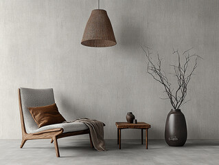 Photo of a Minimalist Room with Wooden Chair, Wicker Lamp, Neutral Tones, and Decorative Vase