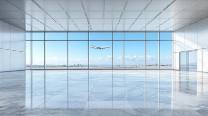 Fototapeta premium Modern Empty Airport Terminal, Panoramic Windows with Cityscape View and Airplane Taking Flight