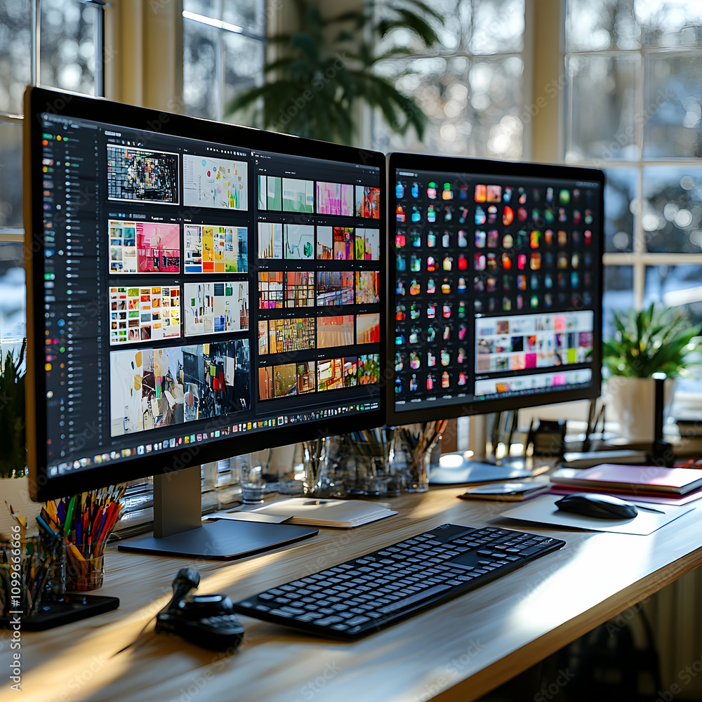 Poster dual monitors display various graphic design projects on a desk.