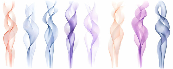 Eight colorful smoke swirls isolated on white background.