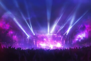 Naklejka premium Colorful Lighting and Enthusiastic Crowd at a Night Concert with Dramatic Stage Effects and Vibrant Atmosphere Creating an Unforgettable Experience