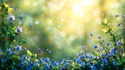 Obraz premium Sunny spring scene with blooming blue flowers and bokeh.