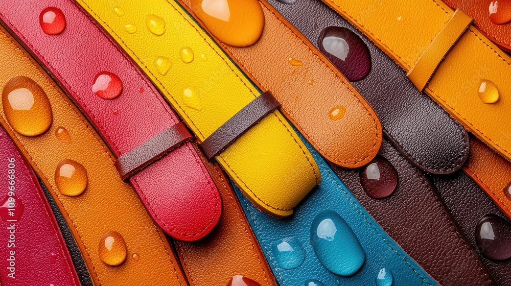 Poster a vibrant array of colorful straps covered in droplets, showcasing a mix of hues and textures in a v