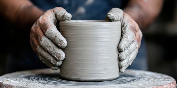 A skilled artisan's clay-covered hands shape a pot on a spinning wheel, capturing the essence of craftsmanship and the tactile joy of creation.