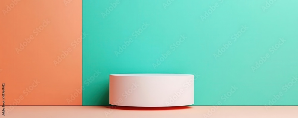 Poster a minimalist display featuring a round white object on a pastel-colored backdrop of orange and teal.