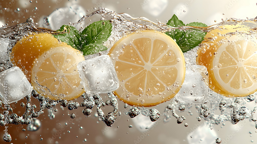 Poster fresh lemon slices and ice cubes in water with splashing.