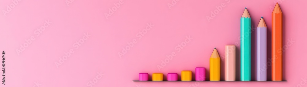 Poster a colorful array of pencils arranged to form a bar graph against a pink background, symbolizing crea