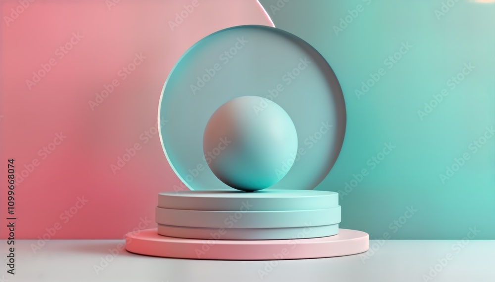 Aufkleber abstract 3d rendering of sphere, circle. pink, teal color scheme. product mockup on pastel platform.
