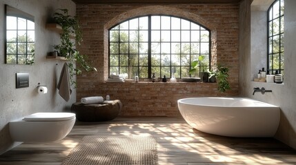 Fototapeta premium Modern bathroom featuring a freestanding tub and large windows with natural greenery in a serene setting