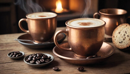 Fototapeta premium Copper coffee cups with steaming coffee, coffee beans, and cookies