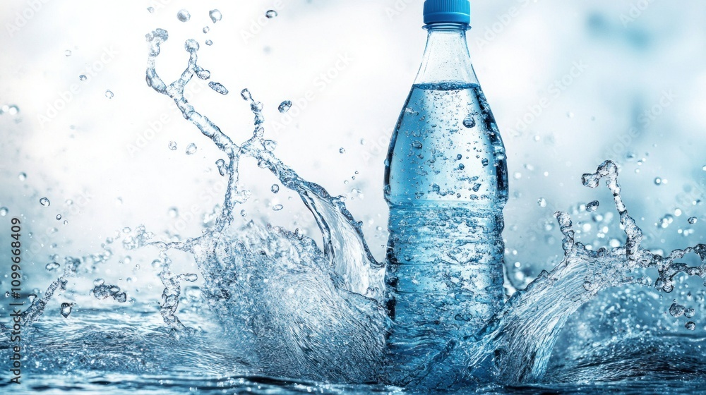Poster Refreshing Water Splash Around a Bottle in Dynamic Motion Capture Photography