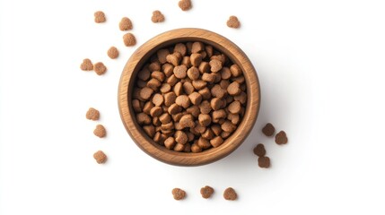 Obraz premium Heart Shaped Pet Food in Wooden Bowl Isolated on White Background with Scattered Pieces