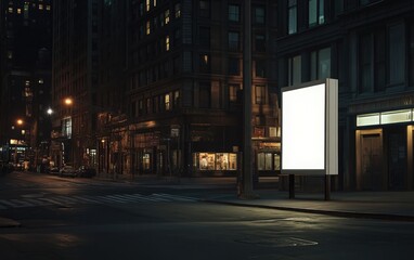 A photo of a white, empty advertising poster mockup placed on a street corner in the city at night.