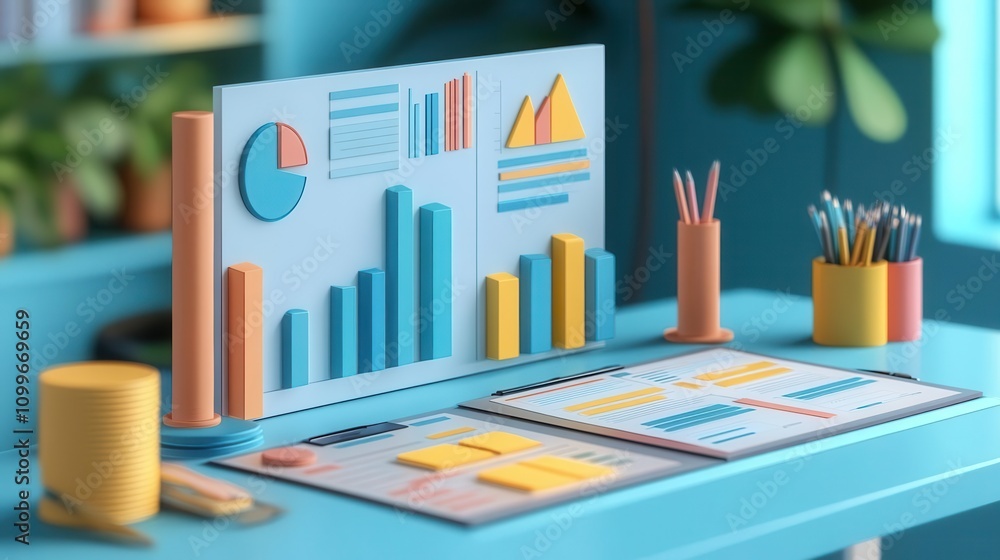 Poster A colorful workspace featuring charts, graphs, and stationery, designed for productivity and data visualization.