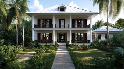 This two-story house features a three-front roof, vibrant gardens, and tall palm trees, evoking a tranquil tropical atmosphere
