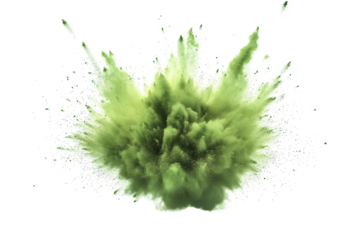 A vibrant green powder explosion, on a white background. PNG transparent.