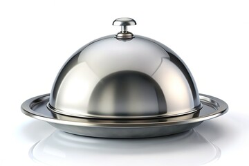 Fototapeta premium Open Silver Steel Serving Cloche in Low Light Photography for Elegant Dining Scenes, 3D Render, Food Presentation, Table Settings, Restaurant Decor, Culinary Art, Luxury Dining, Visual Appeal