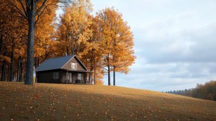 Fototapeta premium A cozy, rustic cabin nestled on a hill surrounded by autumn trees and falling leaves cabin on a hill, autumn serenity