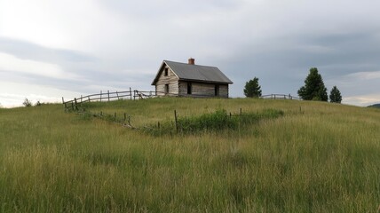 Obraz premium Abandoned cabin on a hill, with a broken fence and overgrown weeds encircling the house abandoned cabin, forgotten hilltop