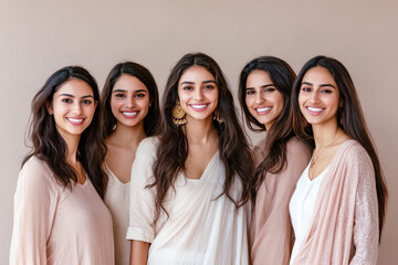 Obraz premium A portrait of five Indian models with healthy, glowing skin, each showcasing their unique beauty and cultural diversity.