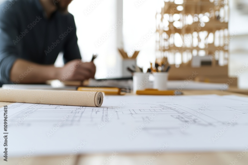 Poster focused architect working on a blueprint with tools and model in modern office environment, showcasi
