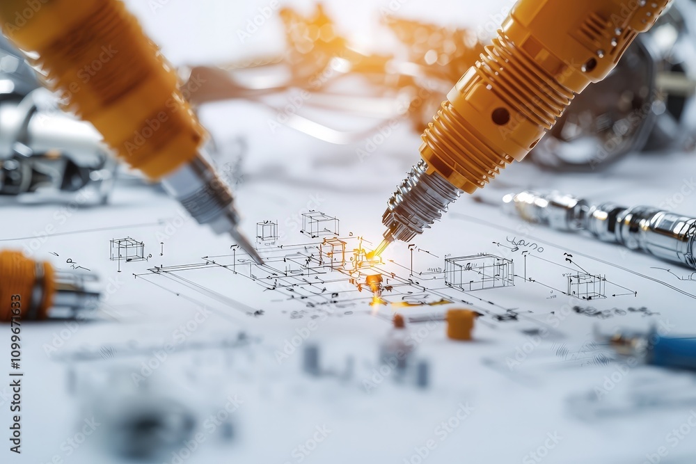 Aufkleber detailed close-up of technical drawings and precision tools in a modern engineering workspace with a