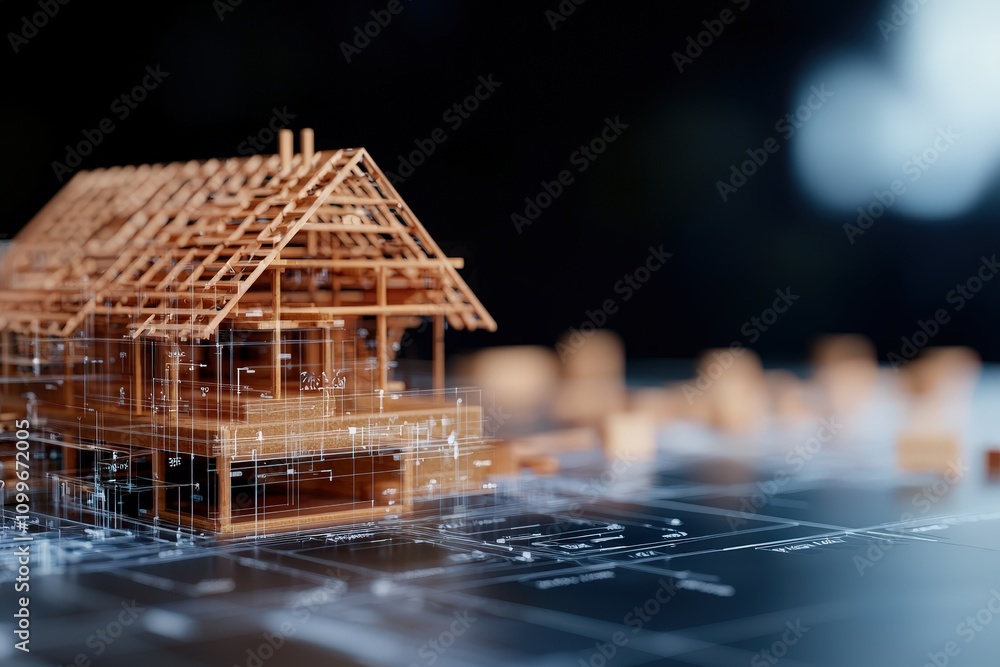 Aufkleber 3d model of a wooden house under construction with architectural blueprints and technical drawings o