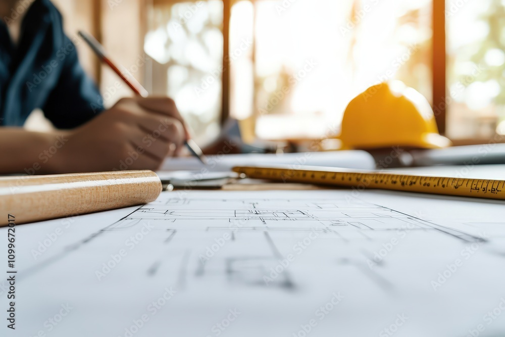Poster detailed close-up of architectural plans and tools with a worker in a hard hat preparing for constru