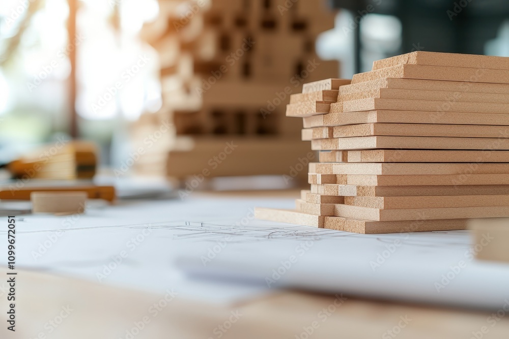 Poster stacks of wooden blocks on a table with architectural drawings in the background, emphasizing the pr