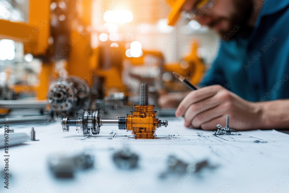 Aufkleber detailed industrial engineering scene with prototyping process featuring technical drawings and mach