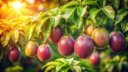 Obraz premium Vintage Style Photography of Passion Fruit Tree with Ripe Fruits and Lush Green Leaves Bathed in Sunlight - Tropical Garden Aesthetics and Nature's Bounty