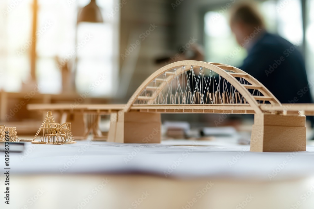Poster detailed architectural model of a modern bridge with intricate design elements, showcased on a work 