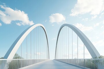 Obraz premium Modern Arch Bridge with Clear Blue Sky and Soft Clouds, Capturing the Essence of Architectural Design and Urban Infrastructure in a Serene Landscape