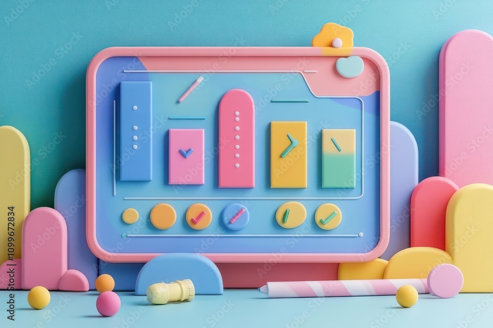 Poster a colorful, abstract design showcasing a digital interface with playful shapes and buttons, set agai
