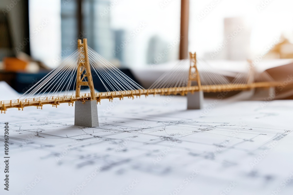 Poster detailed architectural model of a modern bridge on construction blueprints with city skyline in the 