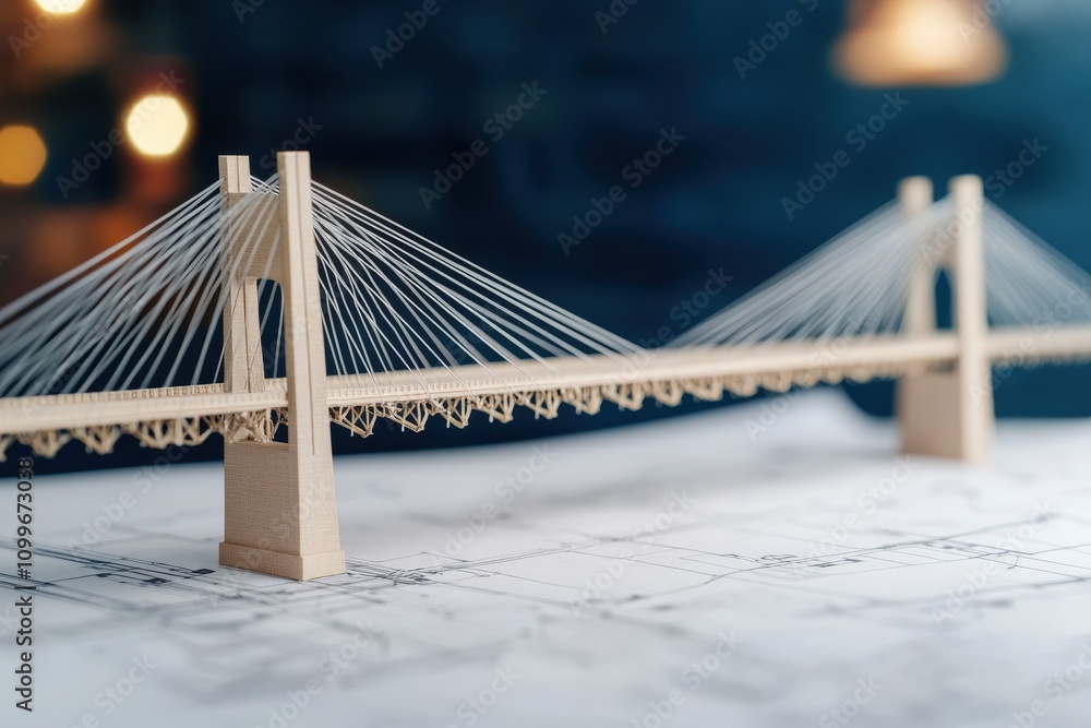 Poster detailed model of a suspension bridge on a blueprint with bokeh background, showcasing the intricate