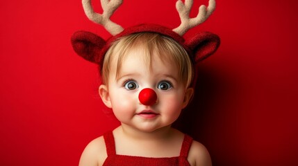 Child dressed as a reindeer, with antlers and a red nose, standing against a bright red background