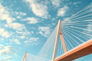 Obraz premium Modern Bridge Architecture Against a Blue Sky with Wispy Clouds Illuminated by Sunshine, Showcasing Beautiful Structural Design and Engineering Marvel