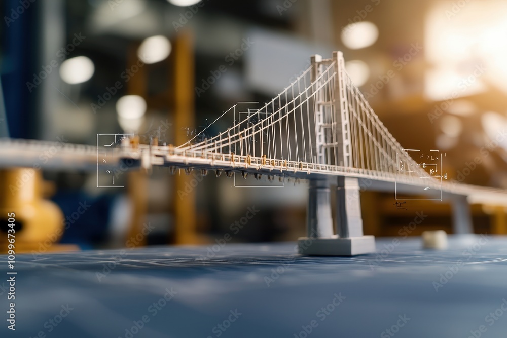 Poster detailed model of a suspension bridge showcasing engineering precision and design elements in a well