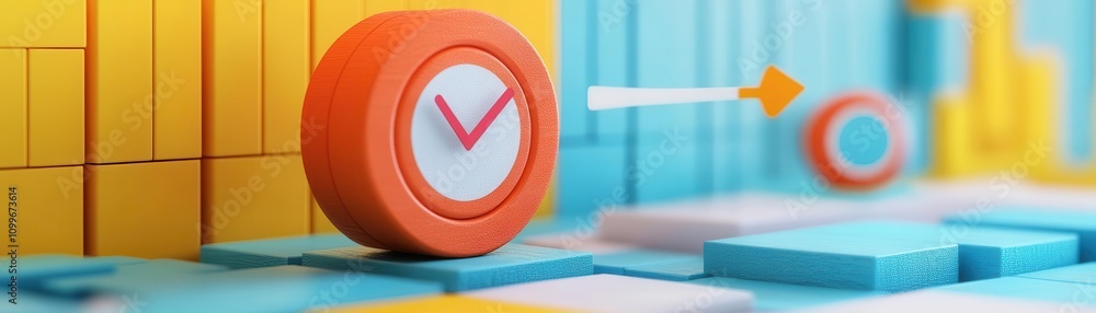 Poster the image features colorful geometric shapes with a focus on a clock-like symbol, suggesting themes 
