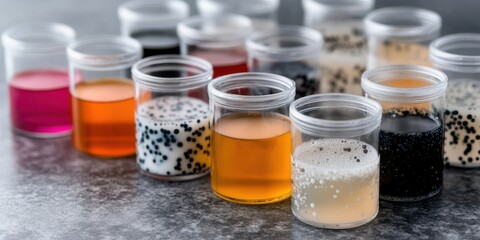 An array of petri dishes filled with various colorful substances, exploring scientific diversity and experimentation on a sleek laboratory surface.