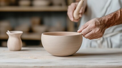 A person is crafting a clay bowl, showcasing pottery techniques in a serene workshop filled with handmade ceramic items.