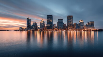 Fototapeta premium Twilight descends on Abu Dhabi as vibrant lights from skyscrapers reflect on calm waters, creating a serene urban landscape
