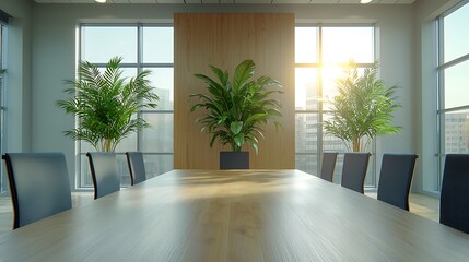 Fototapeta premium Business meeting setup with green plants modern office conference room bright atmosphere professional view