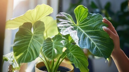 Obraz premium Beautiful Sunlit Green Houseplant with Large, Lush Leaves and Gentle Sunlight