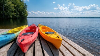 Cottage on the edge of a lake, with colorful kayaks on the shore ready for an afternoon paddle   kayaks on lake, cottage adventure
