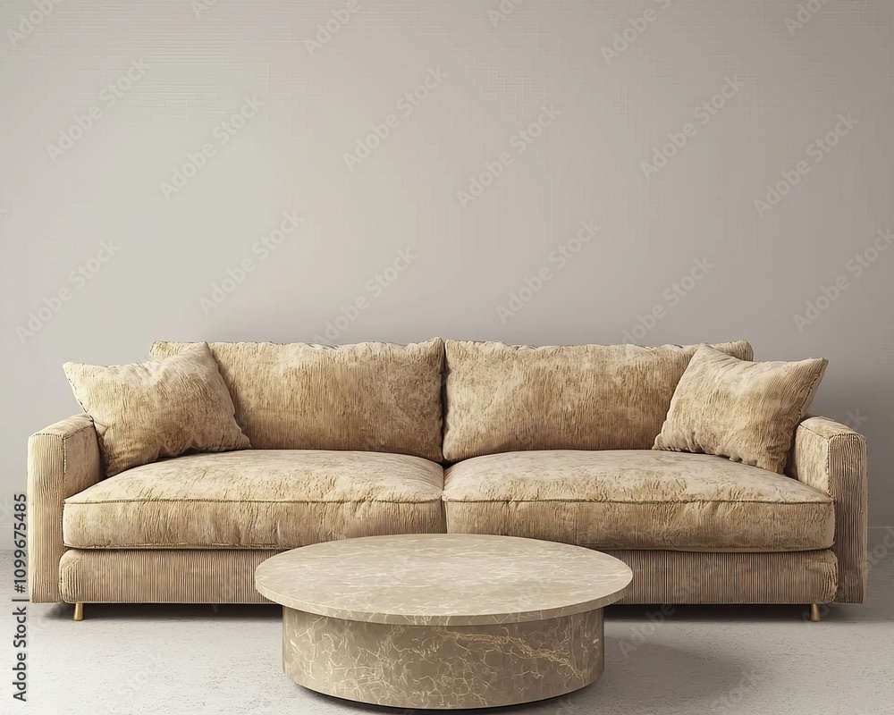 Aufkleber beige interior design. sofa and empty wall background at home. 3d rendering. 3d illustration.