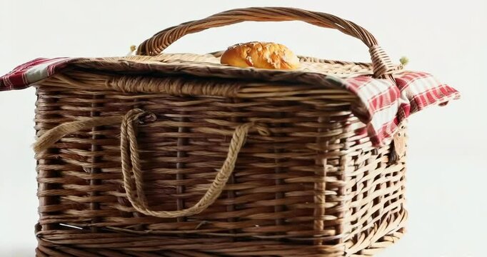 Picnic basket on white background, 4K Video